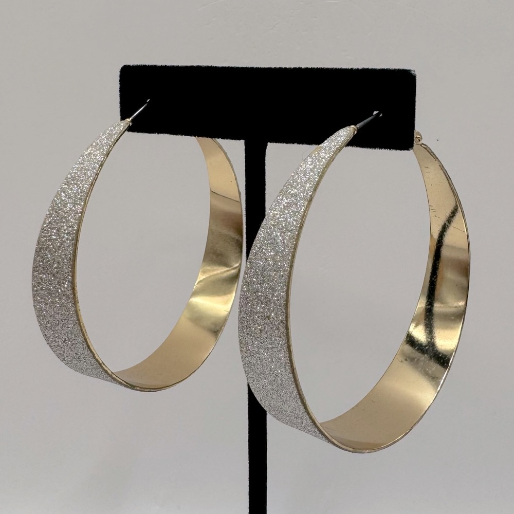 VINTAGE Large Gold-Tone Glitter Hoop Earrings
